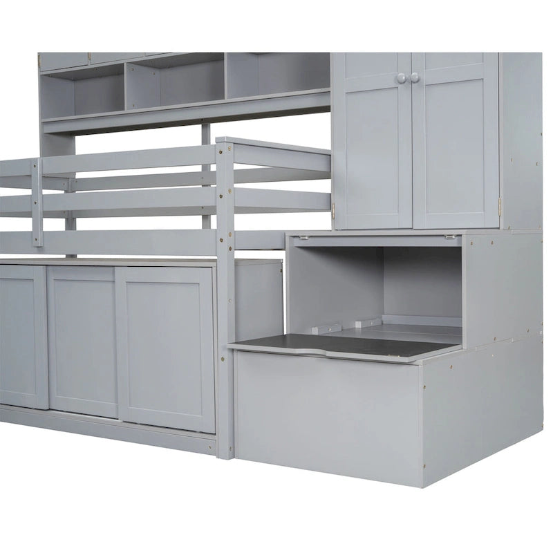 Wood Loft Bed with Integrated Wardrobe and Desk