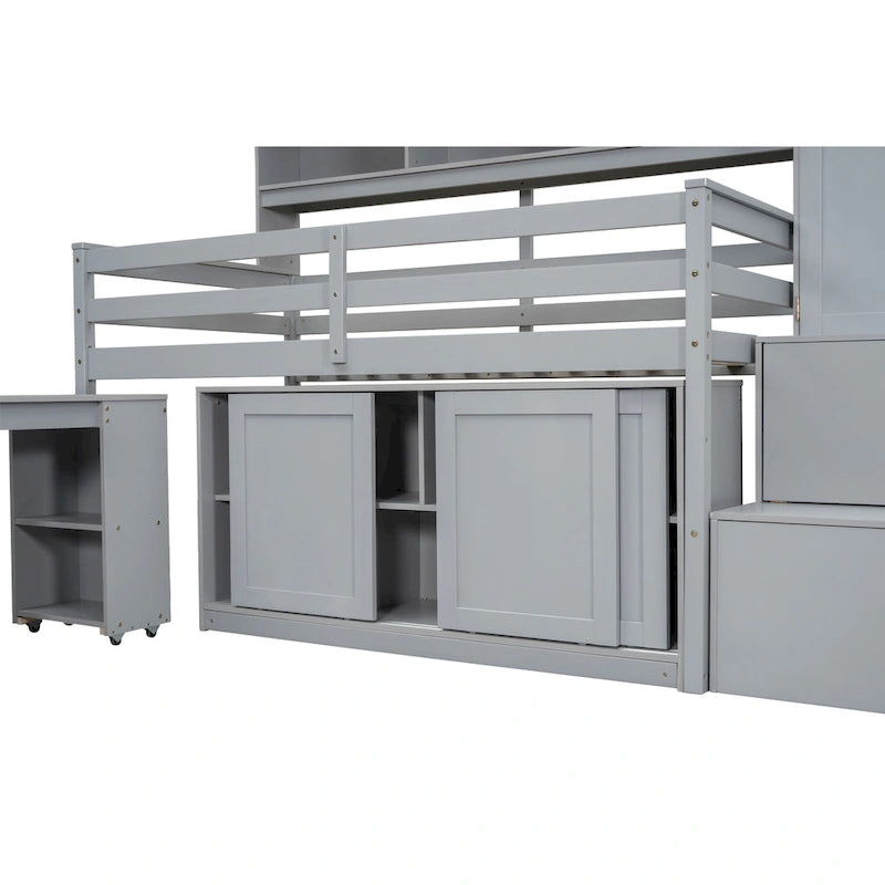 Wood Loft Bed with Integrated Wardrobe and Desk