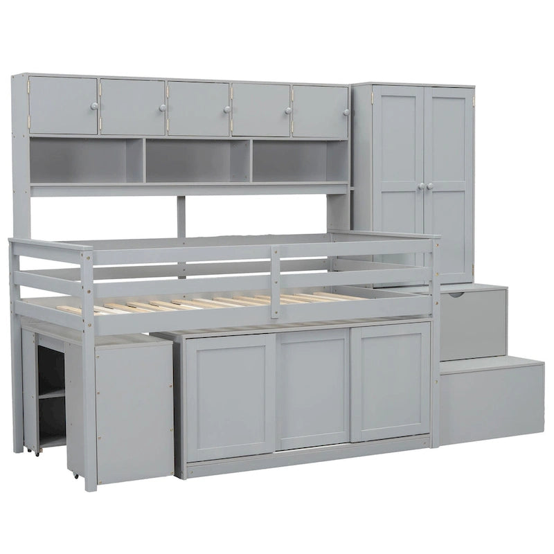 Wood Loft Bed with Integrated Wardrobe and Desk