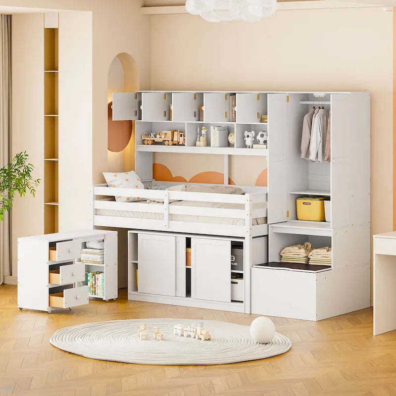 Wood Loft Bed with Integrated Wardrobe and Desk