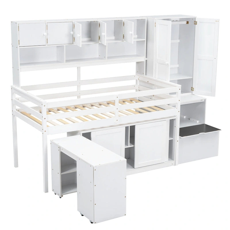 Wood Loft Bed with Integrated Wardrobe and Desk
