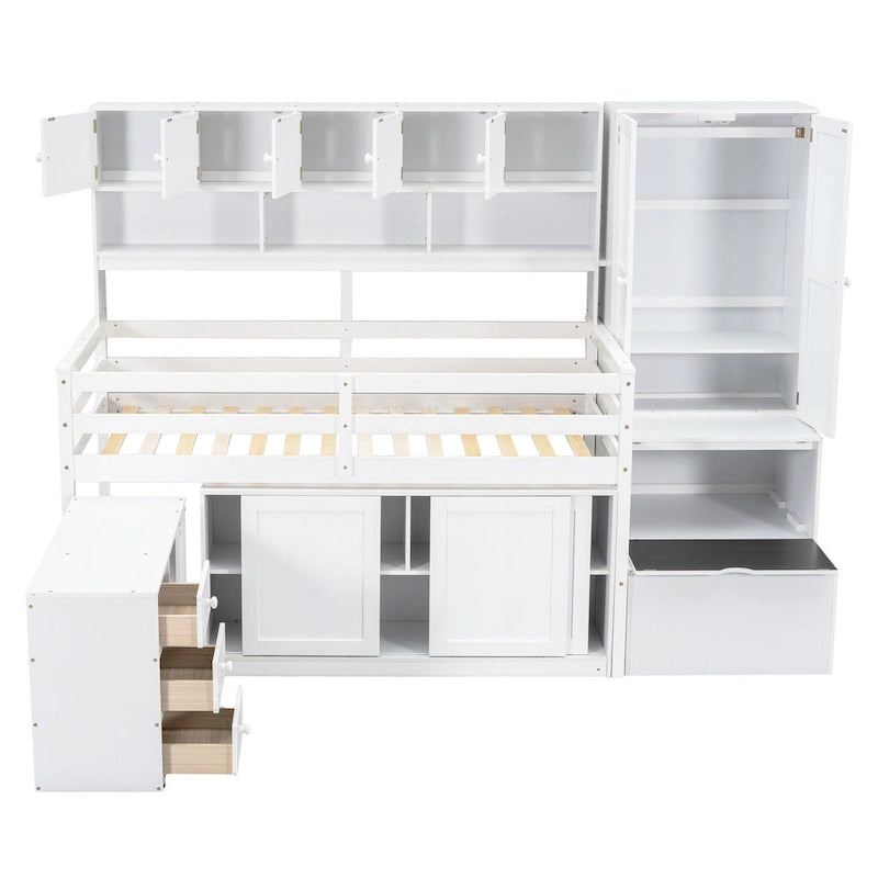 Wood Loft Bed with Integrated Wardrobe and Desk