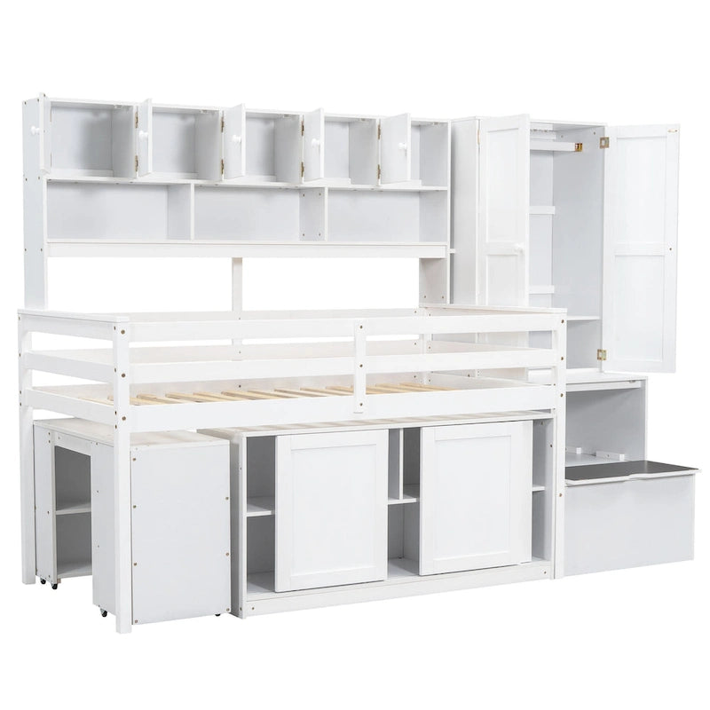 Wood Loft Bed with Integrated Wardrobe and Desk