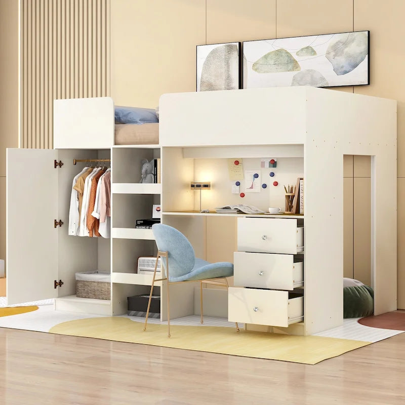 Beige Full Solid Wood Loft Bed with Wardrobe and Desk