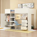 Beige Full Solid Wood Loft Bed with Wardrobe and Desk