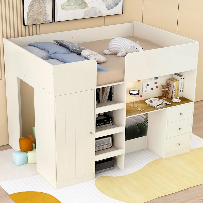Beige Full Solid Wood Loft Bed with Wardrobe & Desk