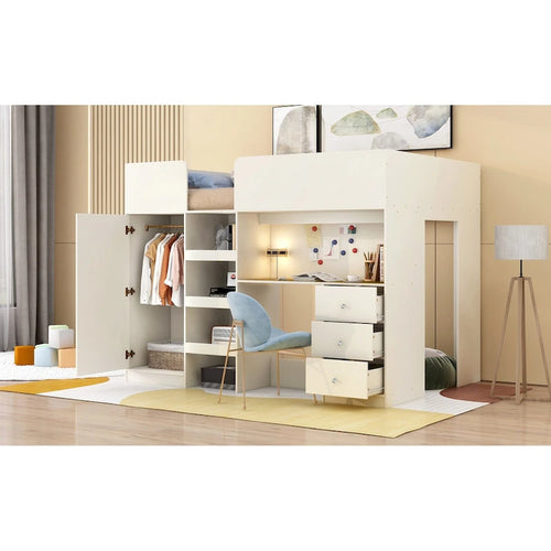 Beige Full Solid Wood Loft Bed with Wardrobe and Desk
