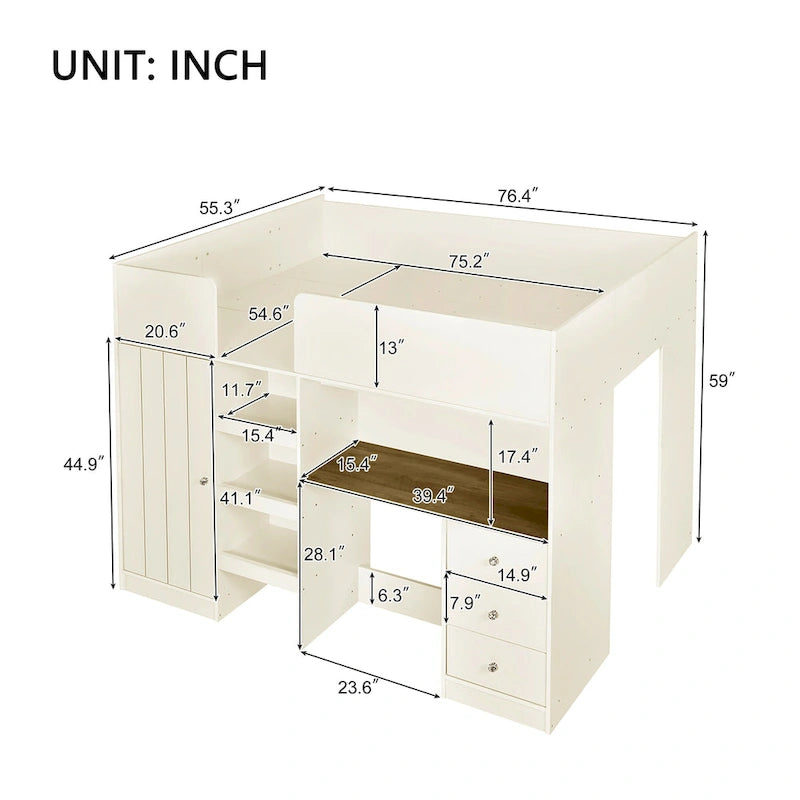 Beige Full Solid Wood Loft Bed with Wardrobe and Desk