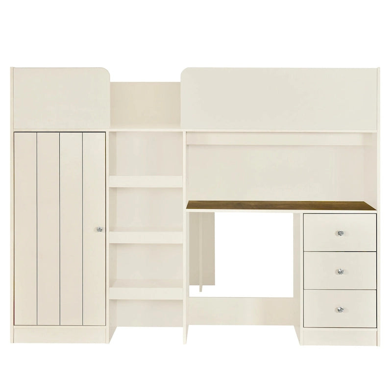 Beige Full Solid Wood Loft Bed with Wardrobe and Desk