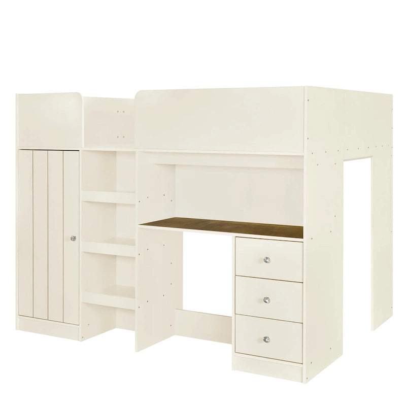 Beige Full Solid Wood Loft Bed with Wardrobe and Desk