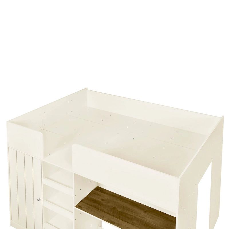 Beige Full Solid Wood Loft Bed with Wardrobe and Desk