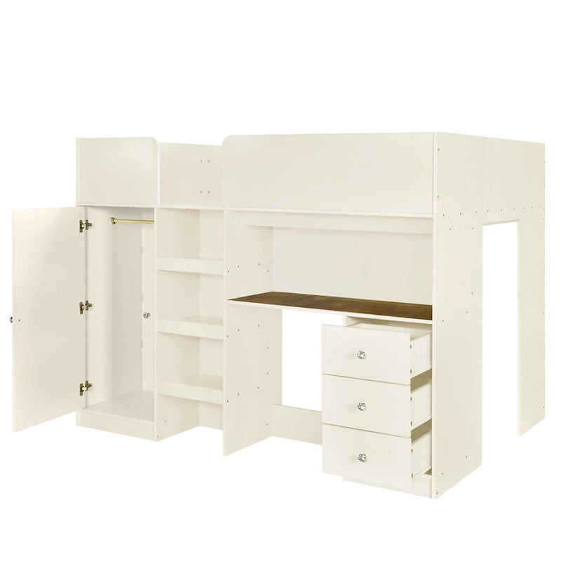 Beige Full Solid Wood Loft Bed with Wardrobe and Desk