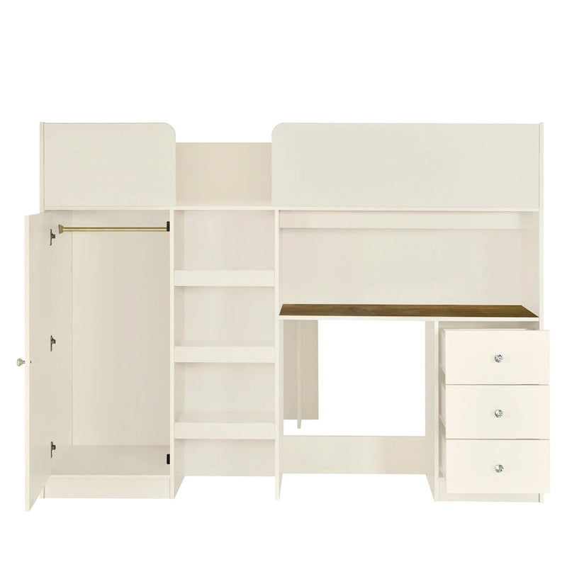 Beige Full Solid Wood Loft Bed with Wardrobe and Desk