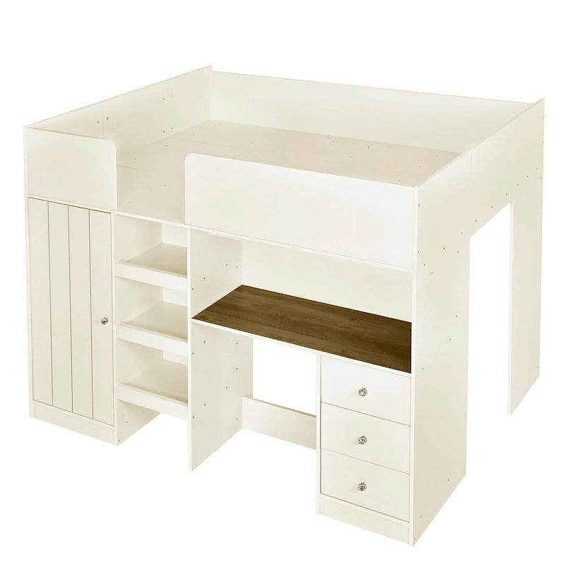 Beige Full Solid Wood Loft Bed with Wardrobe and Desk