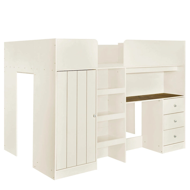 Beige Full Solid Wood Loft Bed with Wardrobe and Desk