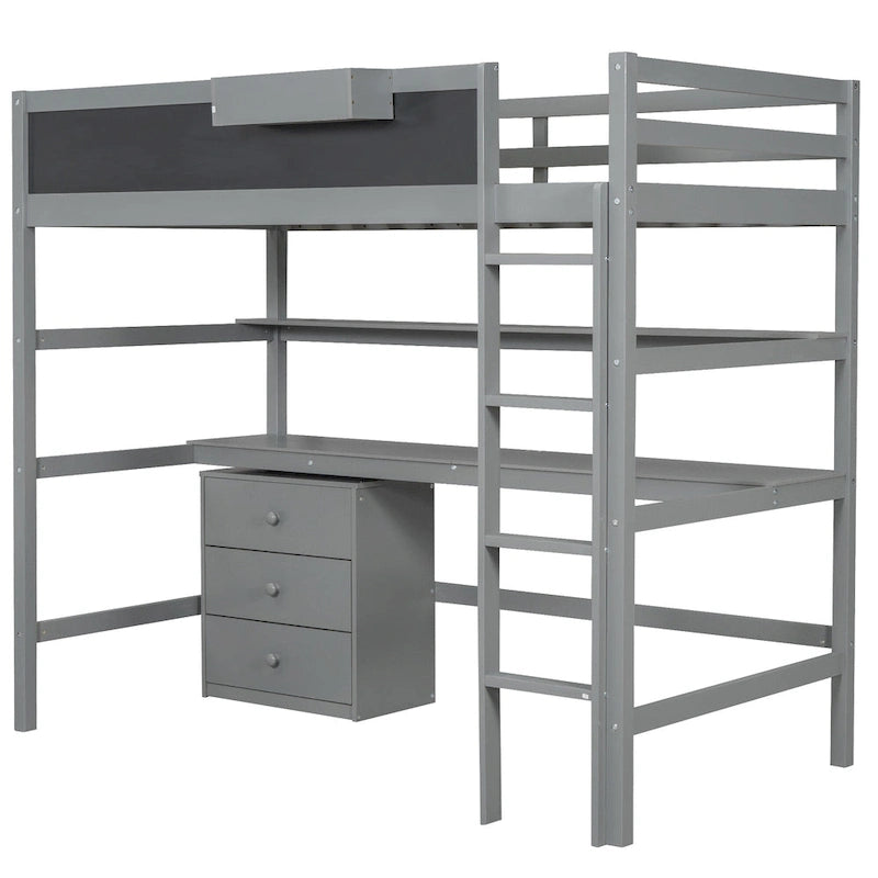 Gray Twin Solid Wood Loft Bed with Desk & Drawers