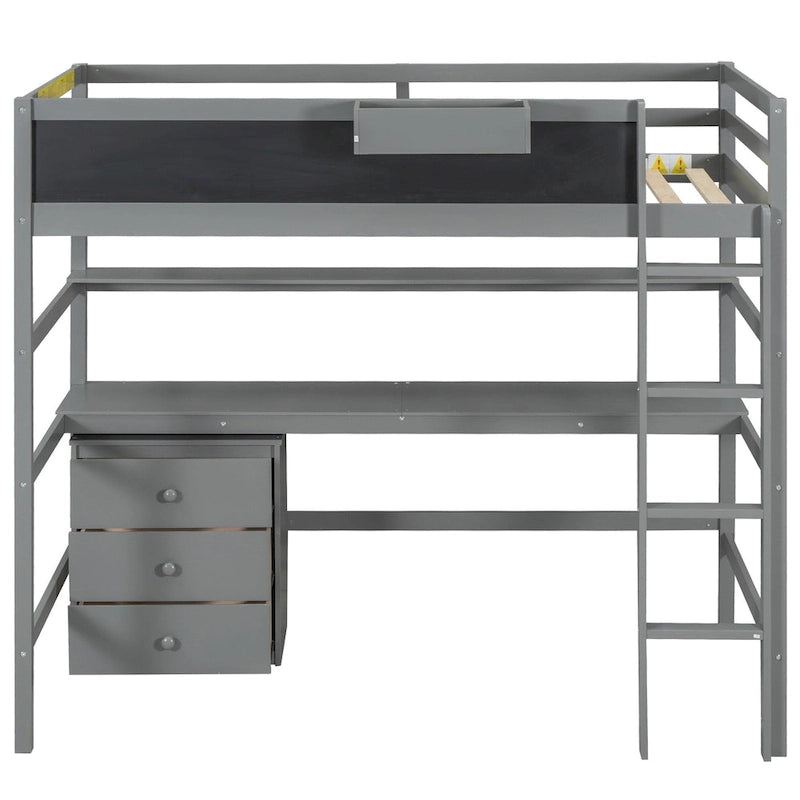 Gray Twin Wood Loft Bed with Desk, 3 Drawers, Shelf, and Blackboard