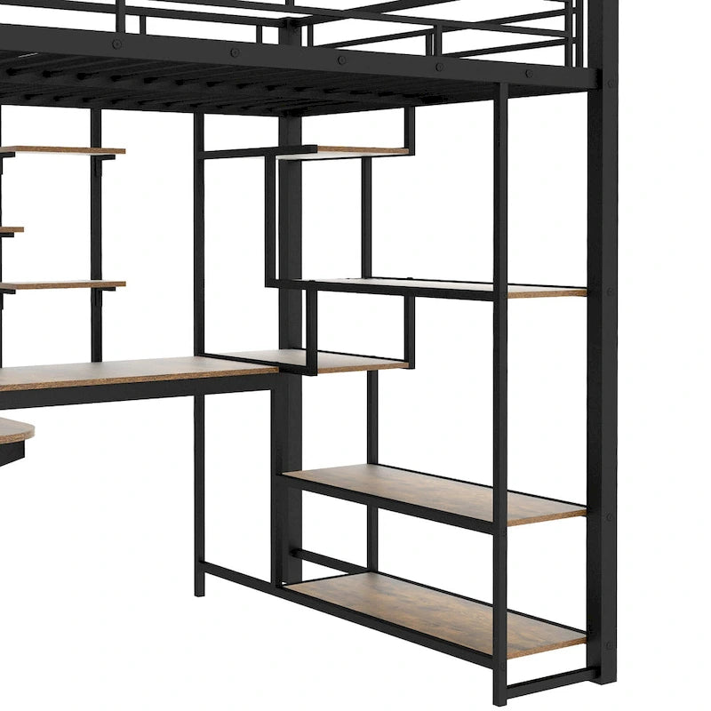 Black Full Metal Loft Bed with Storage Staircase & Wardrobe