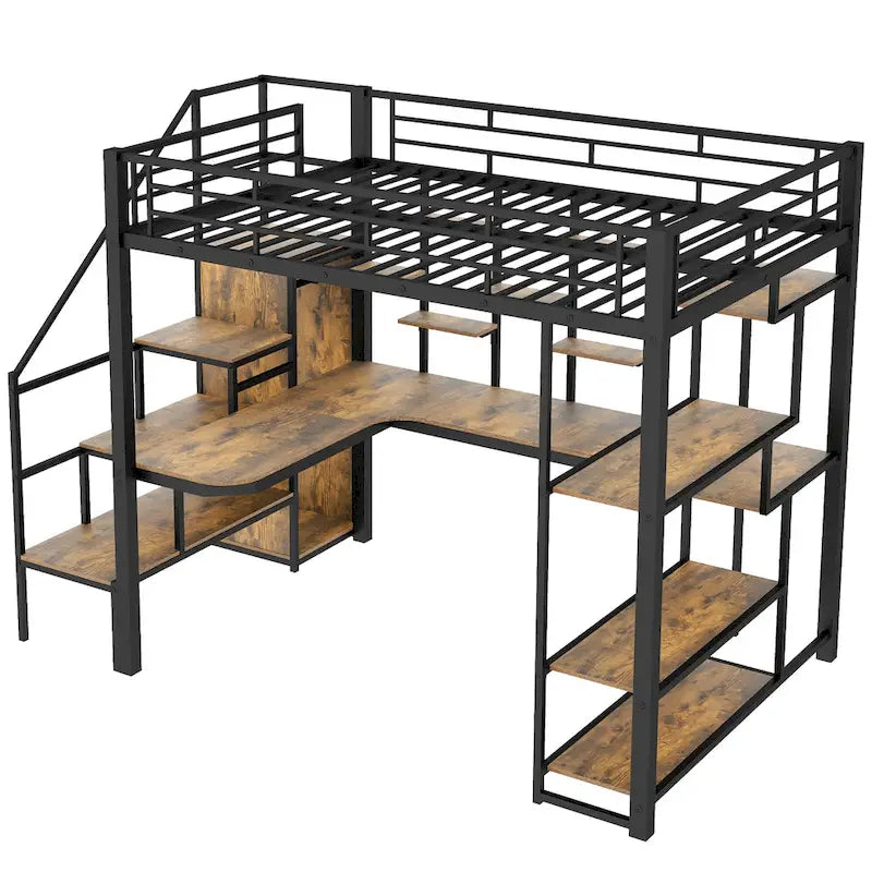 Black Full Metal Loft Bed with Storage Staircase and Wardrobe
