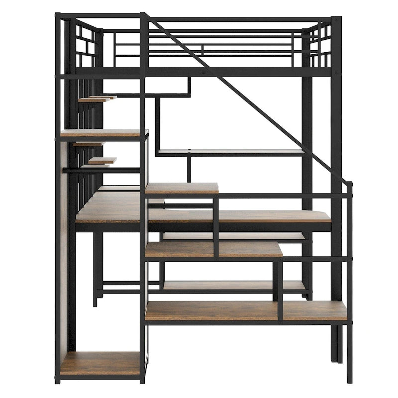 Black Full Metal Loft Bed with Storage Staircase and Wardrobe
