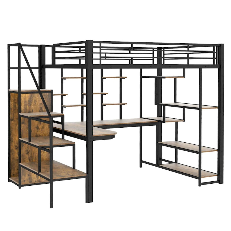 Black Full Metal Loft Bed with Storage Staircase and Wardrobe