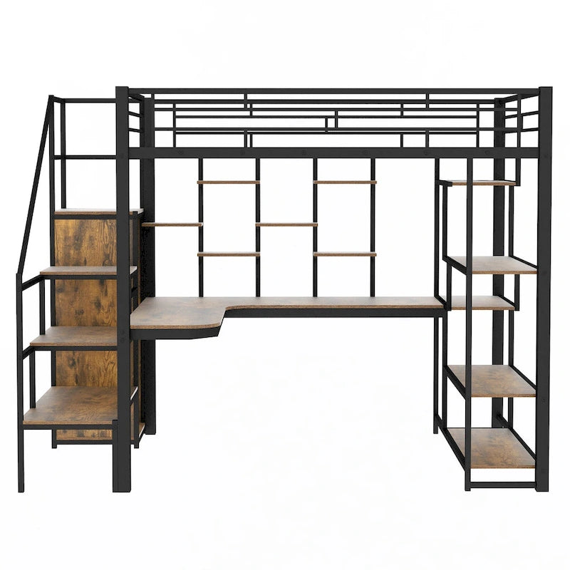 Black Full Metal Loft Bed with Storage Staircase and Wardrobe