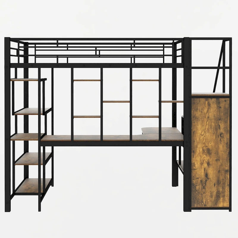 Black Full Metal Loft Bed with Storage Staircase and Wardrobe