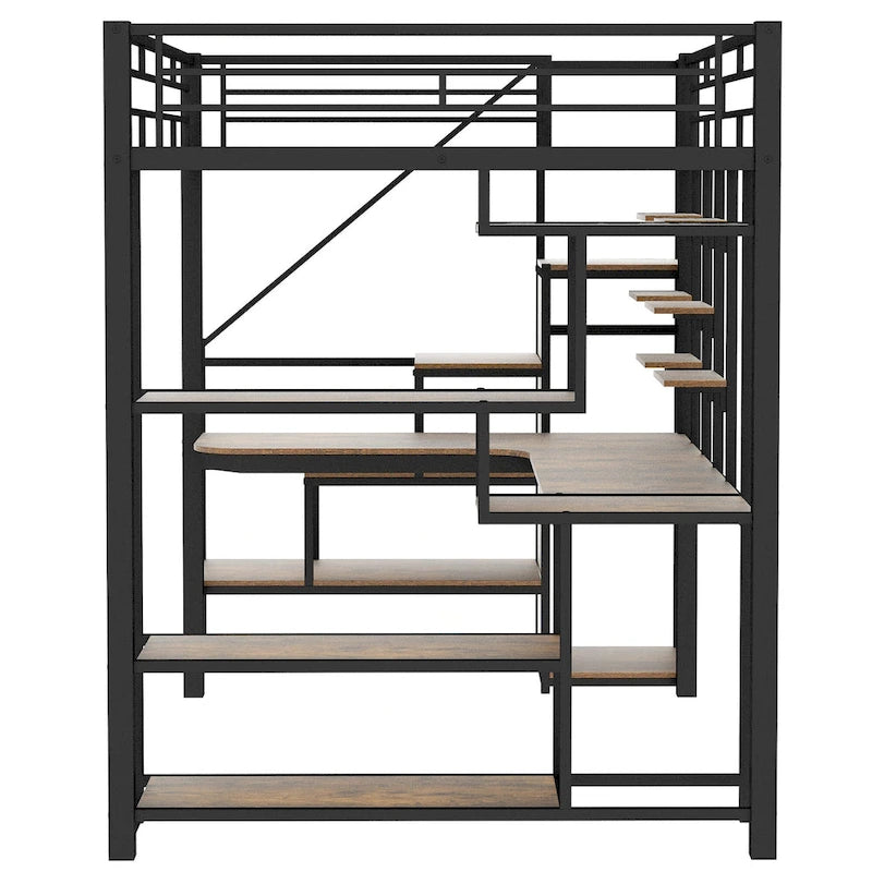 Black Full Metal Loft Bed with Storage Staircase and Wardrobe