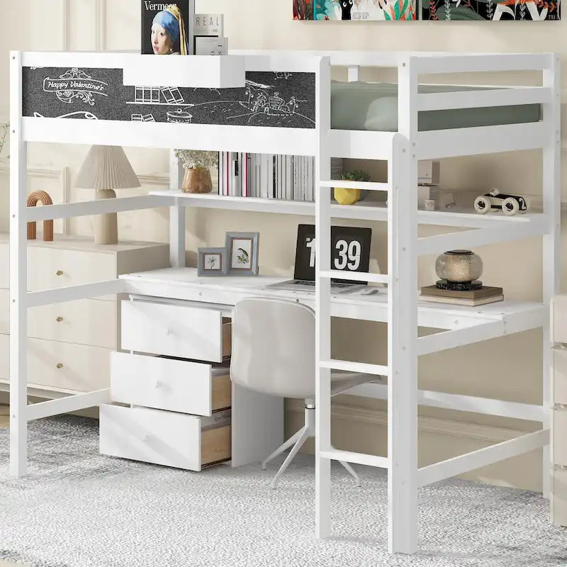 White Twin Solid Wood Loft Bed with Desk and Drawers