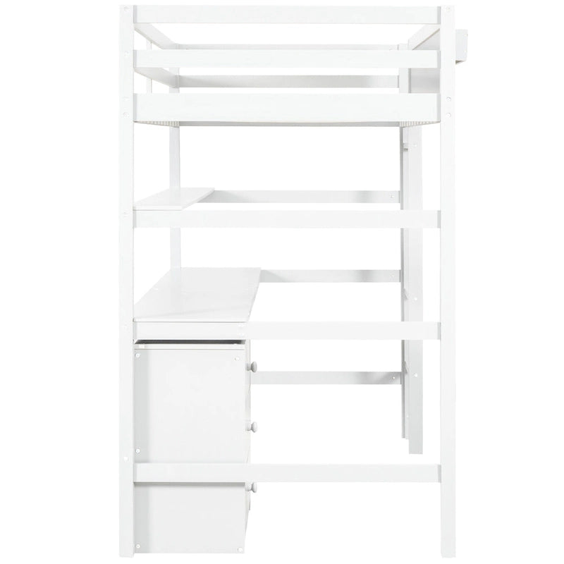 White Twin Solid Wood Loft Bed with Desk & Drawers