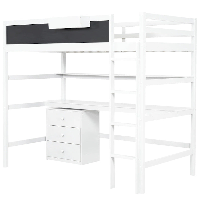 White Twin Solid Wood Loft Bed with Desk and Drawers