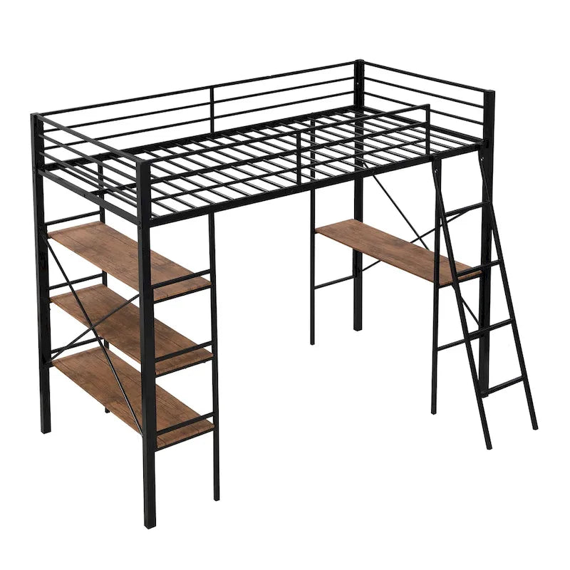 Twin Metal Loft Bed with Desk and Shelves