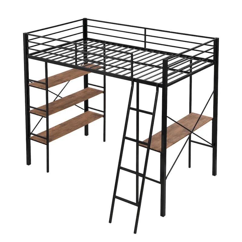 Twin Metal Loft Bed with Desk and Shelves