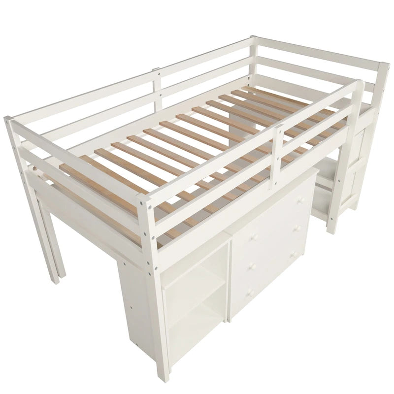Pine Loft Bed with Movable Desk and Storage Drawers