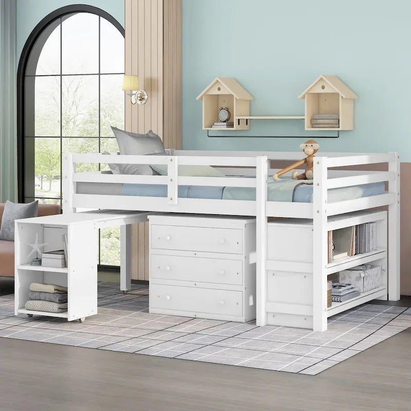 Pine Loft Bed with Movable Desk and Storage Drawers