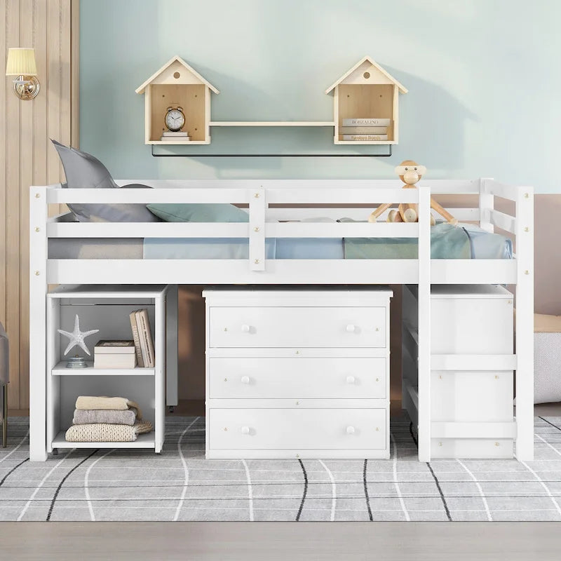 Pine Loft Bed with Movable Desk and Storage Drawers