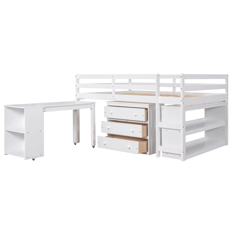 Pine Loft Bed with Movable Desk and Storage Drawers