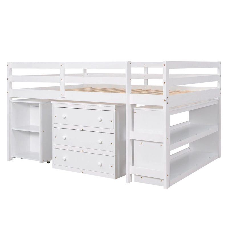 Pine Loft Bed with Movable Desk and Storage Drawers