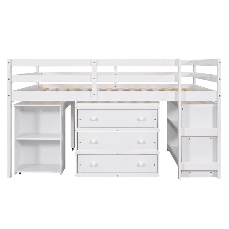 Pine Loft Bed with Movable Desk and Storage Drawers