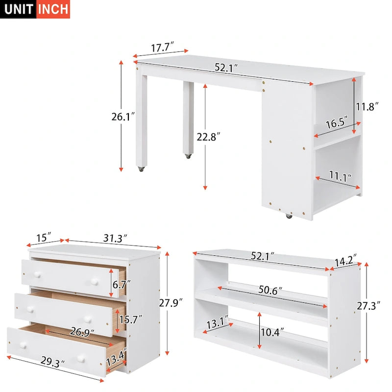 Pine Loft Bed with Movable Desk and Storage Drawers