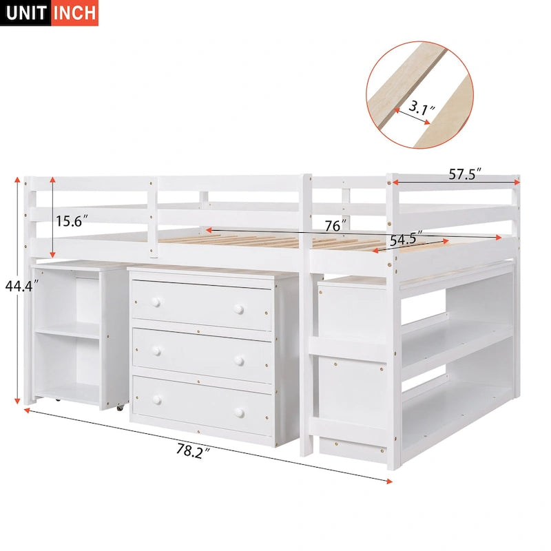 Pine Loft Bed with Movable Desk and Storage Drawers