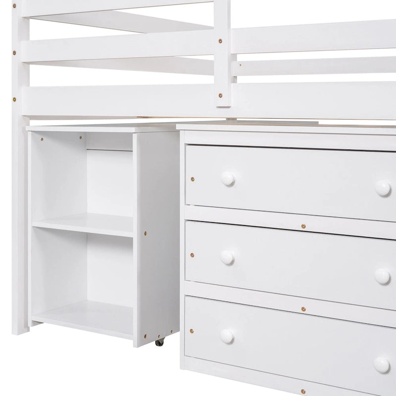 Pine Loft Bed with Movable Desk and Storage Drawers