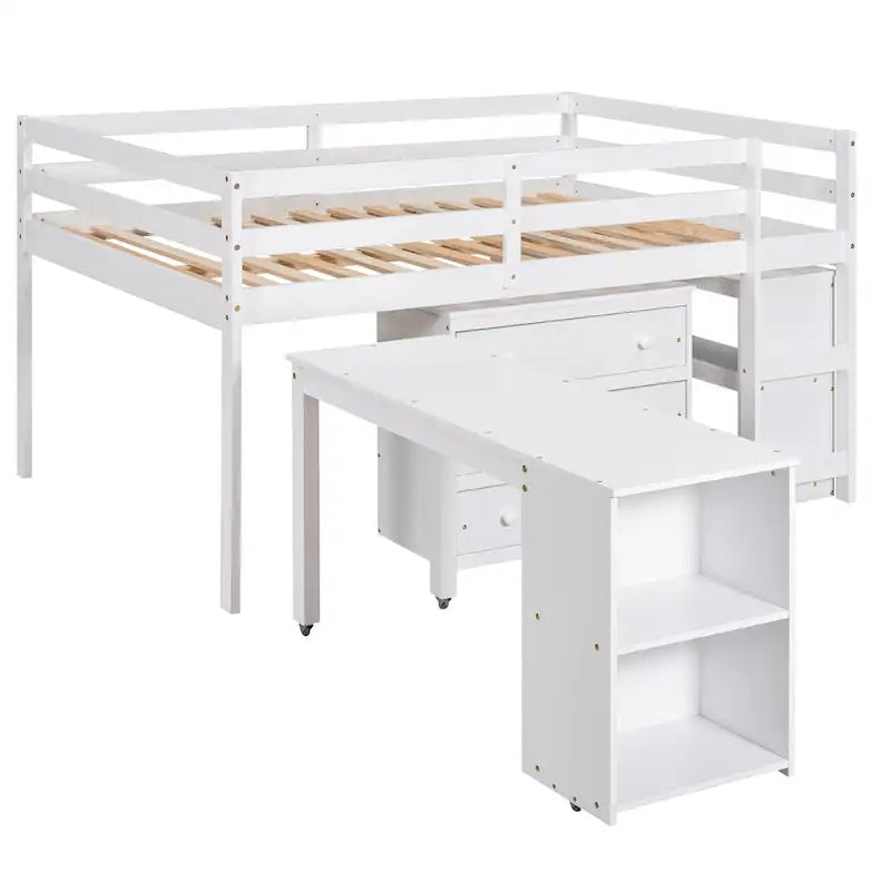 Pine Loft Bed with Movable Desk and Storage Drawers