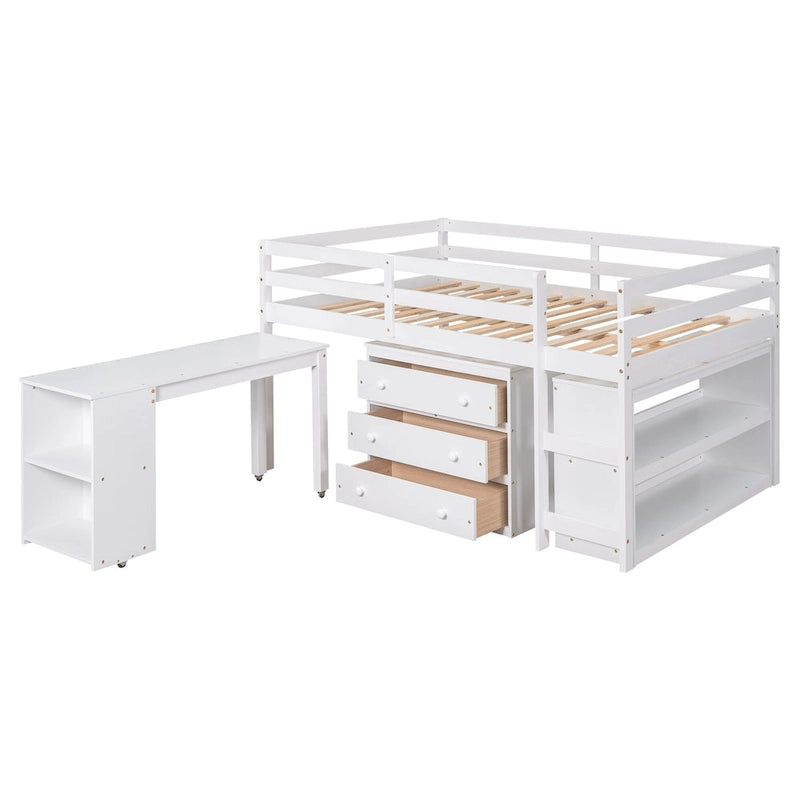 Pine Loft Bed with Movable Desk and Storage Drawers