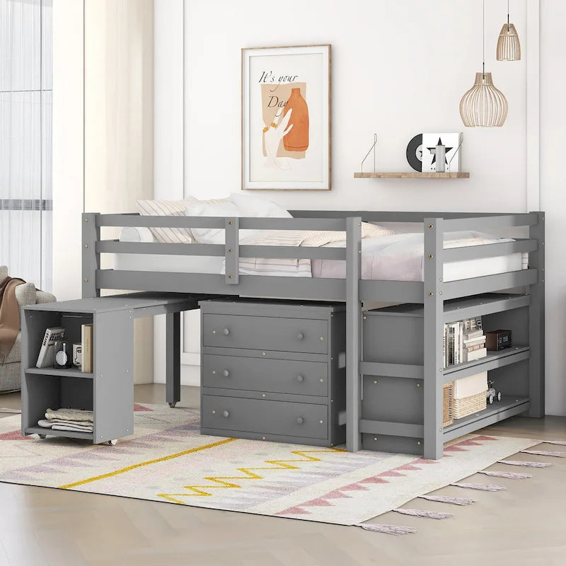Pine Loft Bed with Movable Desk and Storage Drawers