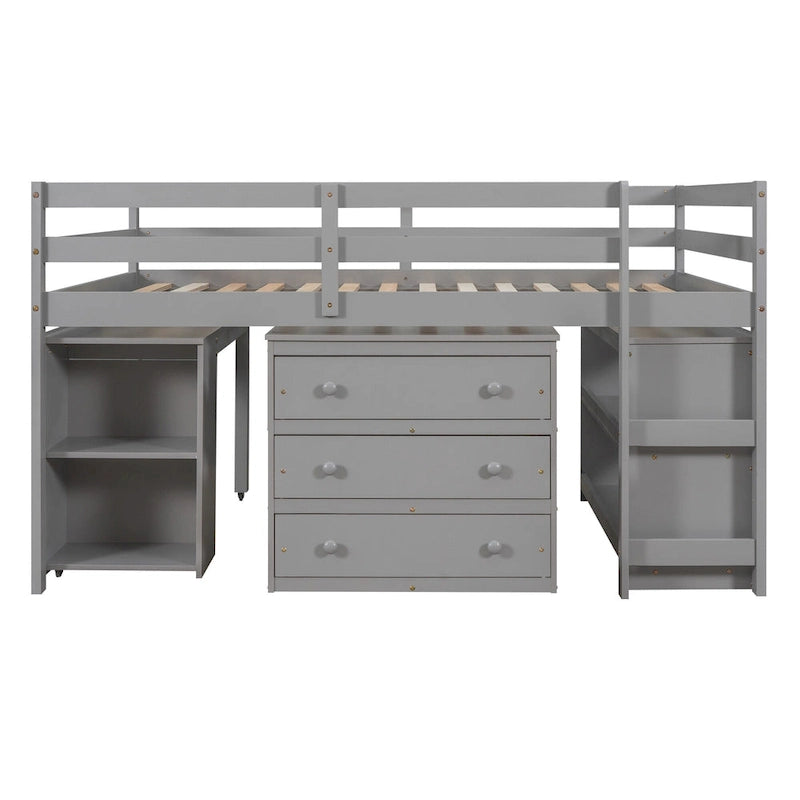 Pine Loft Bed with Movable Desk and Storage Drawers
