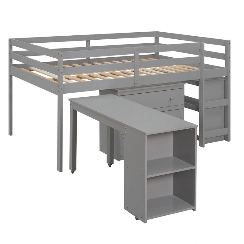 Pine Loft Bed with Movable Desk and Storage Drawers