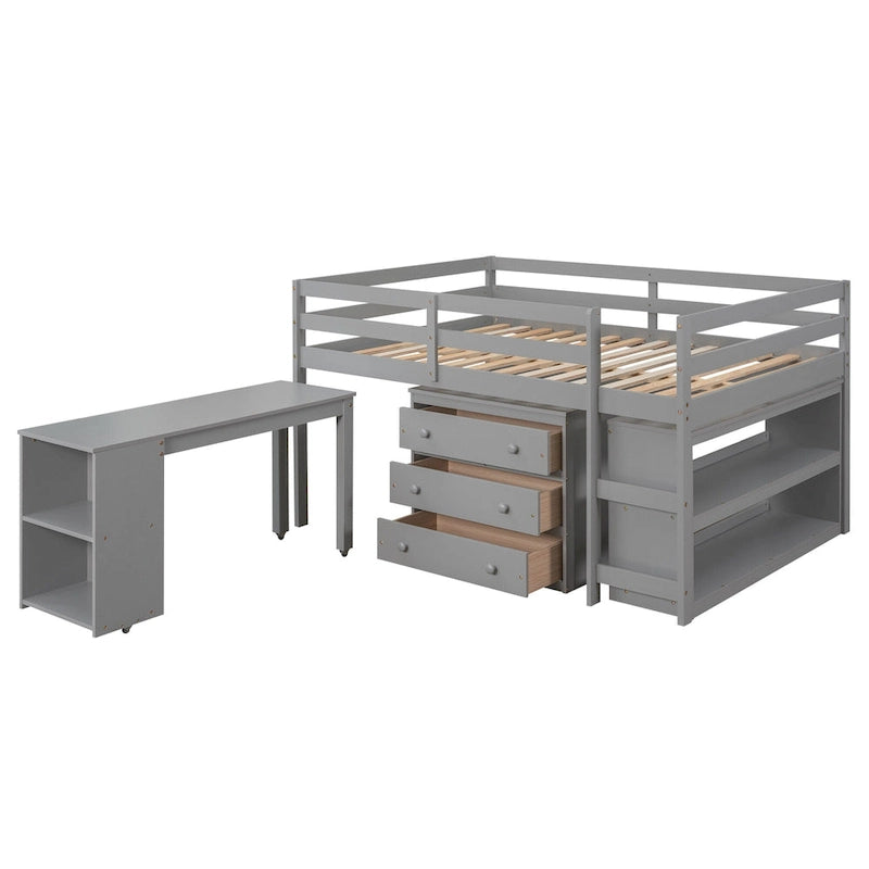 Pine Loft Bed with Movable Desk and Storage Drawers