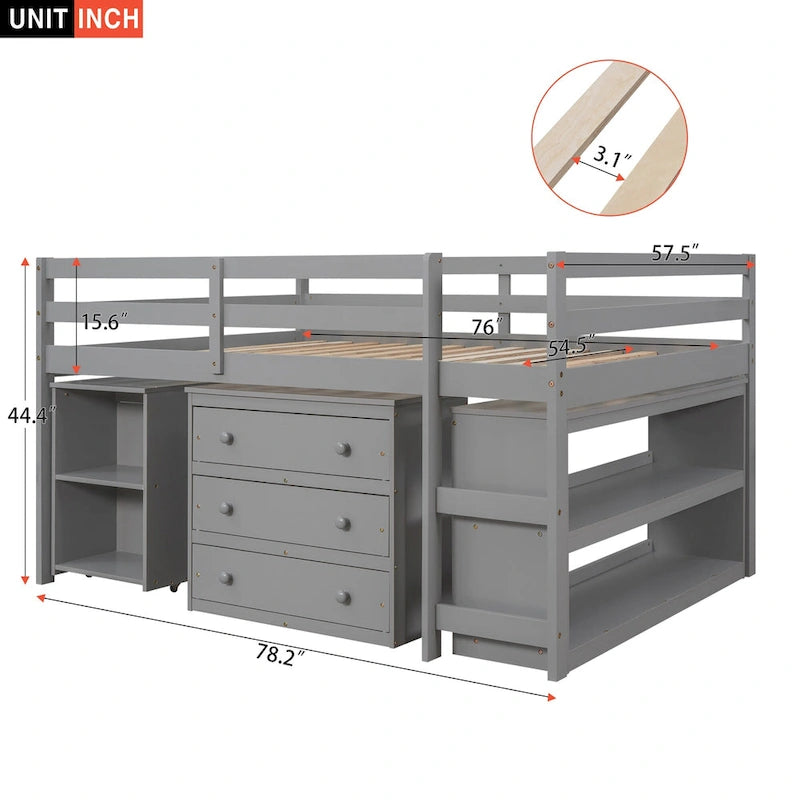 Pine Loft Bed with Movable Desk and Storage Drawers