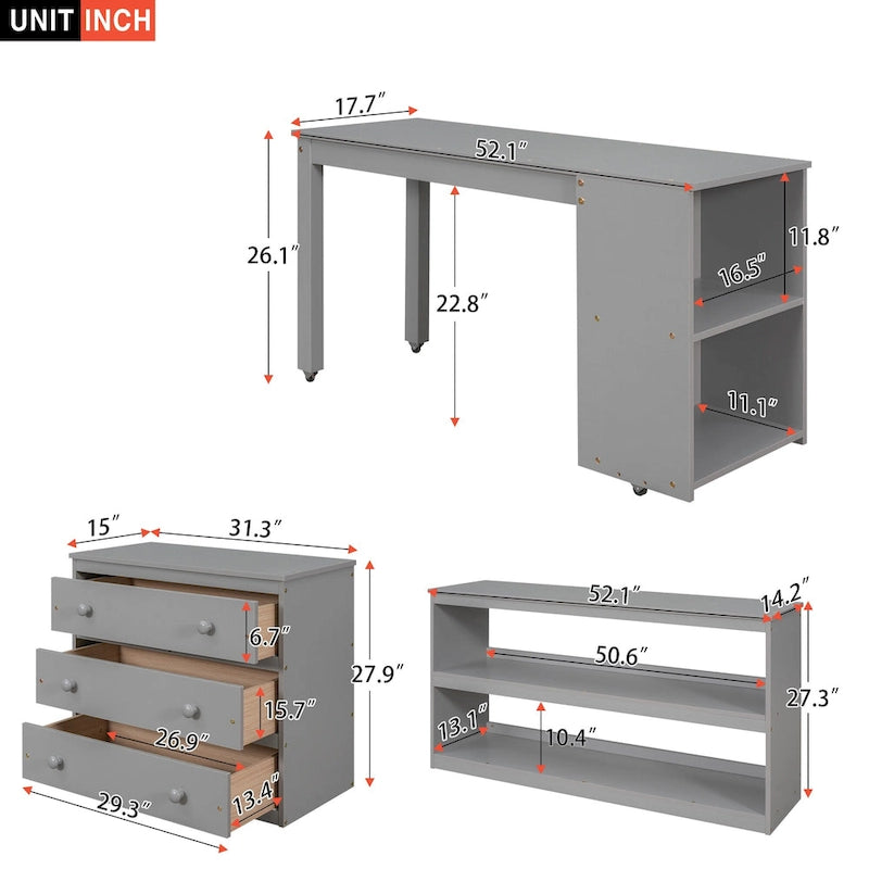 Pine Loft Bed with Movable Desk and Storage Drawers